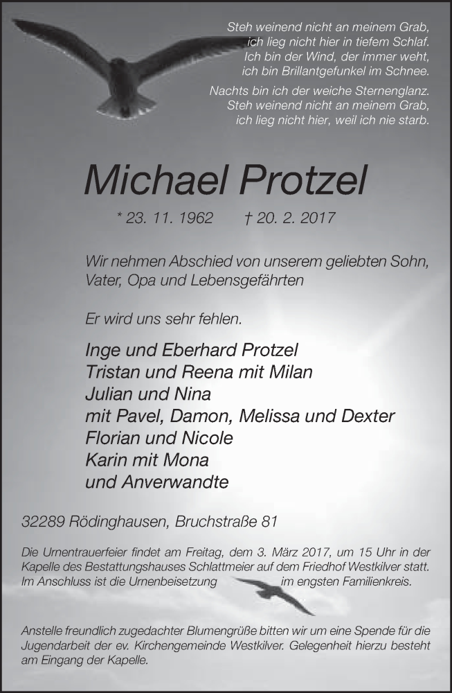  Traueranzeige für Michael Protz vom 25.02.2017 aus Neue Westfälische