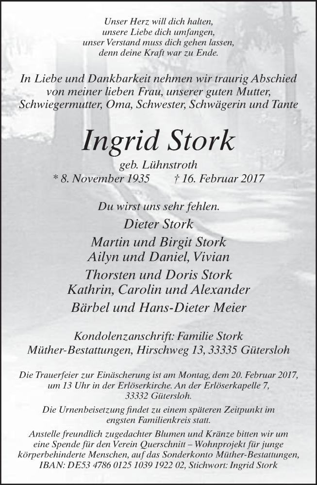  Traueranzeige für Ingrid Stork vom 17.02.2017 aus Neue Westfälische
