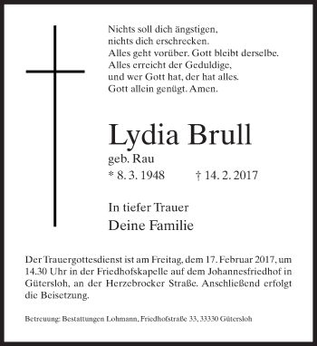 Traueranzeige von Lydia Brull von Neue Westfälische