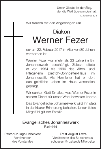 Traueranzeige von Werner Fezer von Neue Westfälische