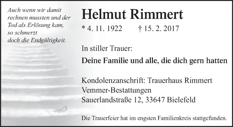  Traueranzeige für Helmut Rimmert vom 25.02.2017 aus Neue Westfälische