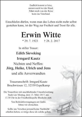 Traueranzeige von Erwin Witte von Neue Westfälische