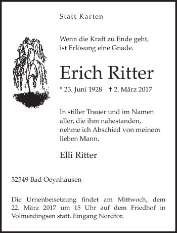 Traueranzeige von Erich Ritter von Neue Westfälische