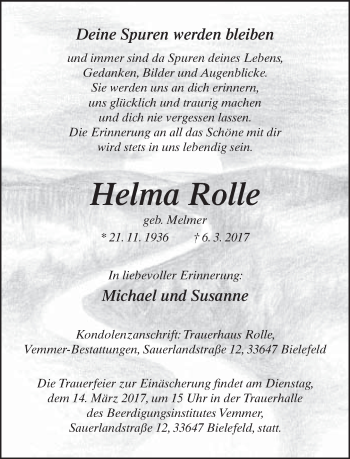 Traueranzeige von Helma Rolle von Neue Westfälische