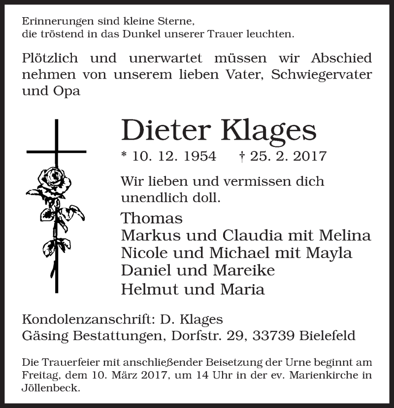  Traueranzeige für Dieter Klages vom 04.03.2017 aus Neue Westfälische
