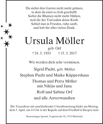 Traueranzeige von Ursula Möller von Neue Westfälische