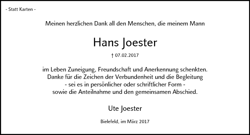 Traueranzeige für Hans Joester vom 25.03.2017 aus Neue Westfälische