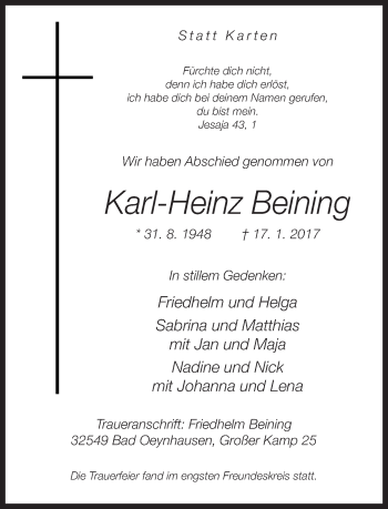 Traueranzeige von Karl-Heinz Beining von Neue Westfälische