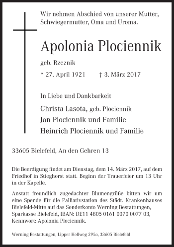 Traueranzeige von Apolonia Plociennik von Neue Westfälische