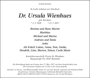 Traueranzeige von Ursula Wienhues von Neue Westfälische