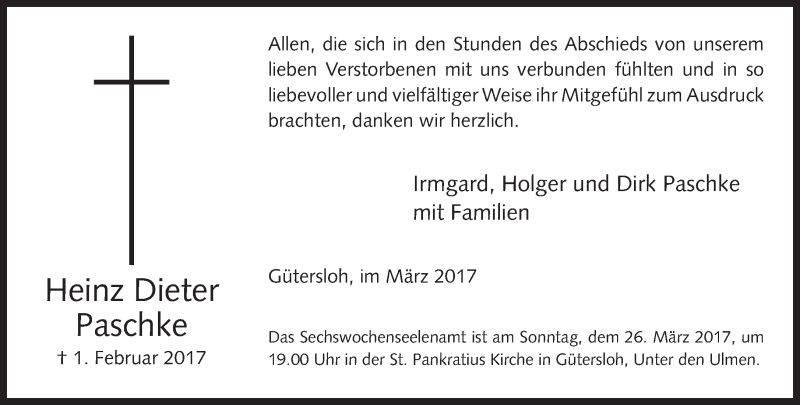  Traueranzeige für Heinz Dieter Paschke vom 18.03.2017 aus Neue Westfälische