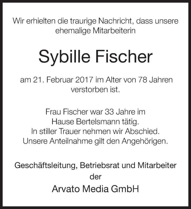  Traueranzeige für Sybille Fischer vom 04.03.2017 aus Neue Westfälische