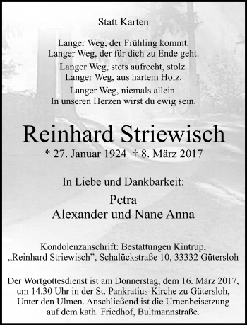 Traueranzeige von Reinhard Striewisch von Neue Westfälische
