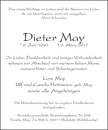 Traueranzeige von Dieter May von Neue Westfälische