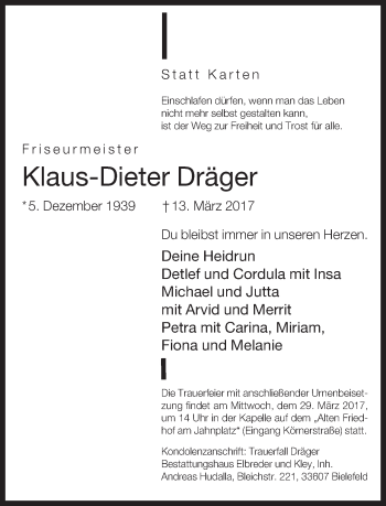 Traueranzeige von Klaus-Dieter Dräger von Neue Westfälische