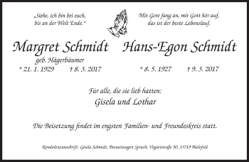Traueranzeige von Margret und Hans-Egon Schmidt von Neue Westfälische