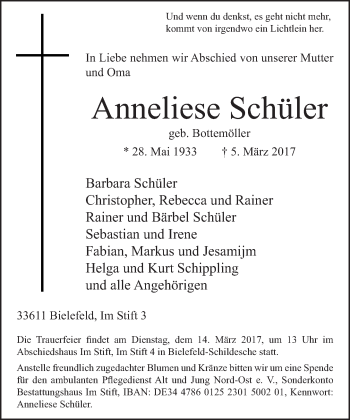 Traueranzeige von Anneliese Schüler von Neue Westfälische
