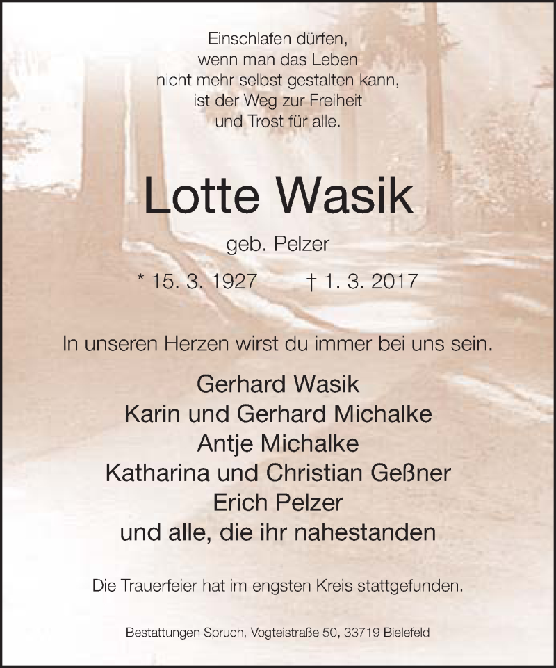  Traueranzeige für Lotte Wasik vom 11.03.2017 aus Neue Westfälische