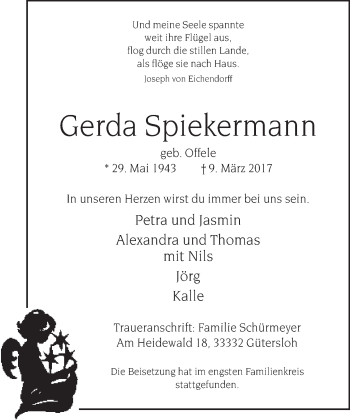 Traueranzeige von Gerda Spiekermann von Neue Westfälische