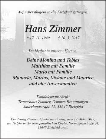Traueranzeige von Hans Zimmer von Neue Westfälische