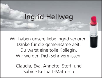 Traueranzeige von Ingrid Hellweg von Neue Westfälische