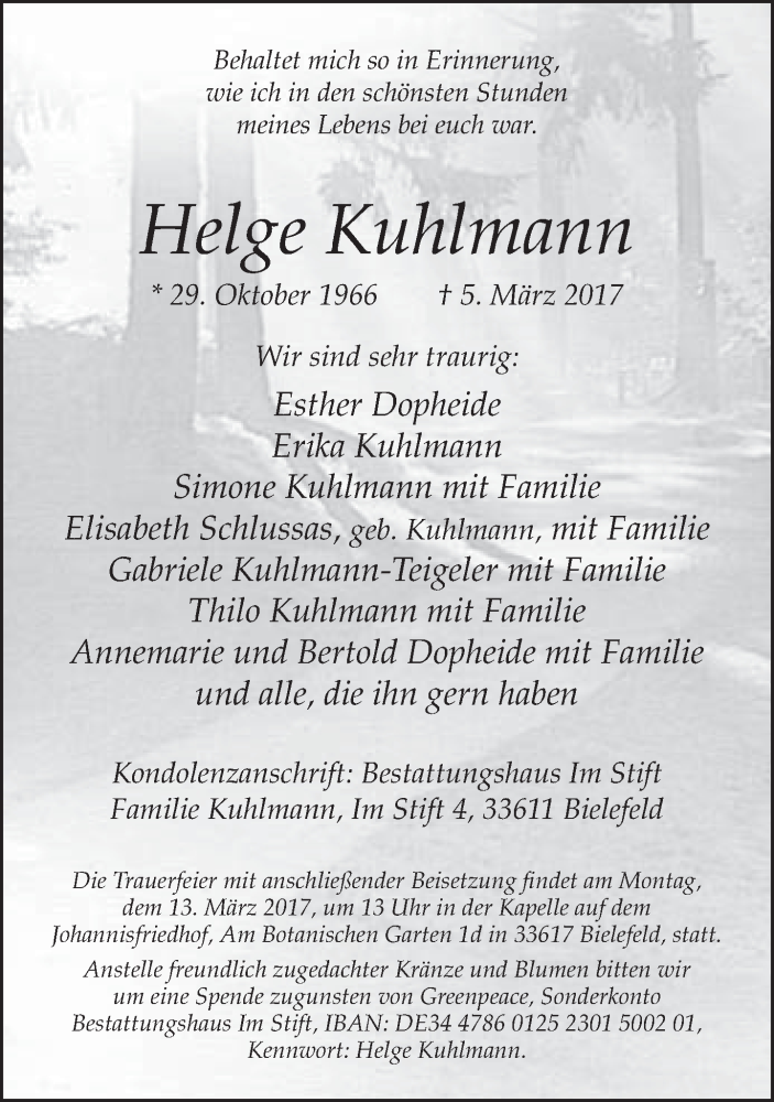  Traueranzeige für Helge Kuhlmann vom 11.03.2017 aus Neue Westfälische