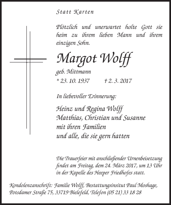 Traueranzeige von Margot Wolff von Neue Westfälische