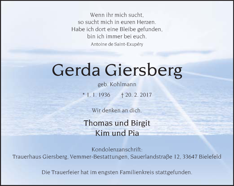  Traueranzeige für Gerda Giersberg vom 04.03.2017 aus Neue Westfälische