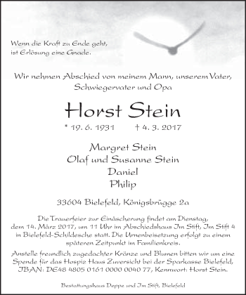 Traueranzeige von Horst Stein von Neue Westfälische