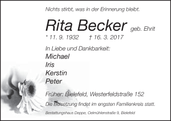 Traueranzeige von Rita Becker von Neue Westfälische
