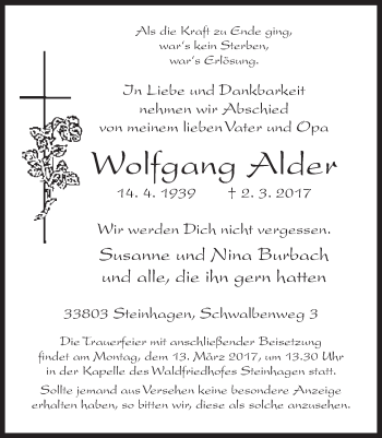 Traueranzeige von Wolfgang Alder von Neue Westfälische