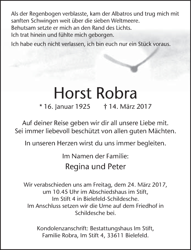  Traueranzeige für Horst Robra vom 18.03.2017 aus Neue Westfälische