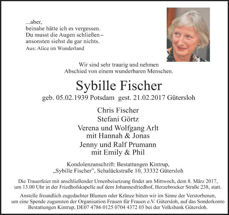  Traueranzeige für Sybille Fischer vom 01.03.2017 aus Neue Westfälische