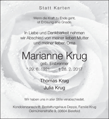 Traueranzeige von Marianne Krug von Neue Westfälische