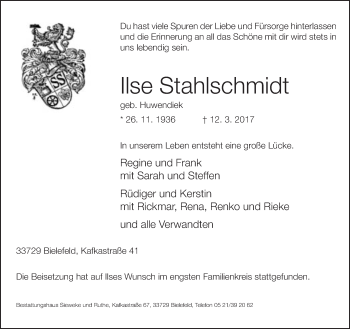 Traueranzeige von Ilse Stahlschmidt von Neue Westfälische
