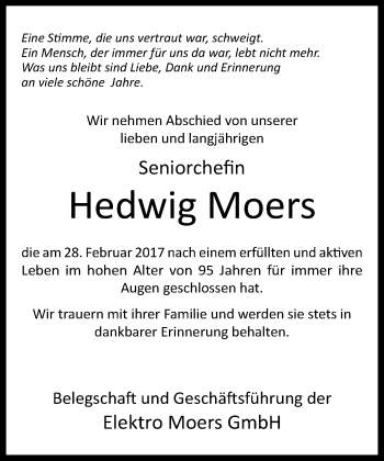 Traueranzeige von Hedwig Moers von Neue Westfälische