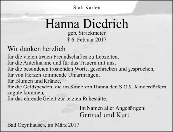 Traueranzeige von Hanna Diedrich von Neue Westfälische