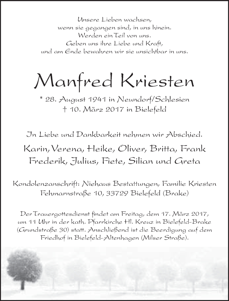  Traueranzeige für Manfred Kriesten vom 15.03.2017 aus Neue Westfälische