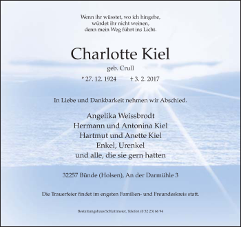 Traueranzeige von Charlotte Kiel von Neue Westfälische