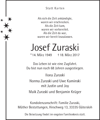 Traueranzeige von Josef Zuraski von Neue Westfälische