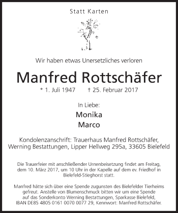 Traueranzeige von Manfred Rottschäfer von Neue Westfälische