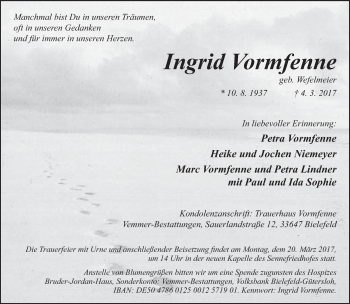 Traueranzeige von Ingrid Vormfenne von Neue Westfälische