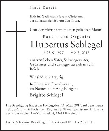 Traueranzeige von Hubertus Schlegel von Neue Westfälische