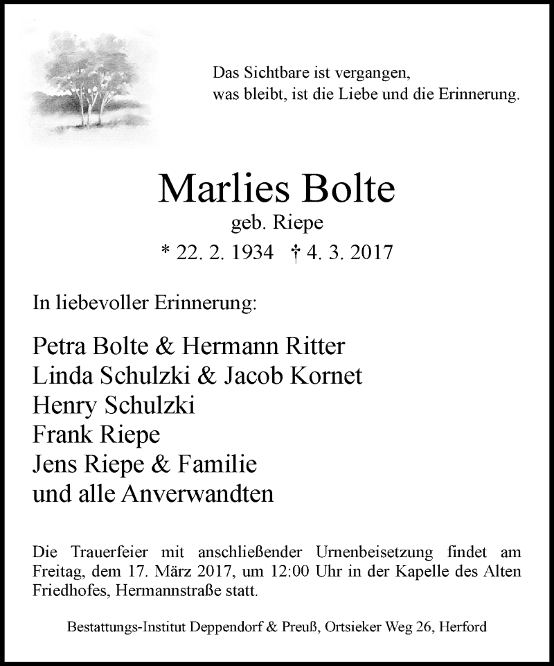  Traueranzeige für Marlies Bolte vom 11.03.2017 aus Neue Westfälische
