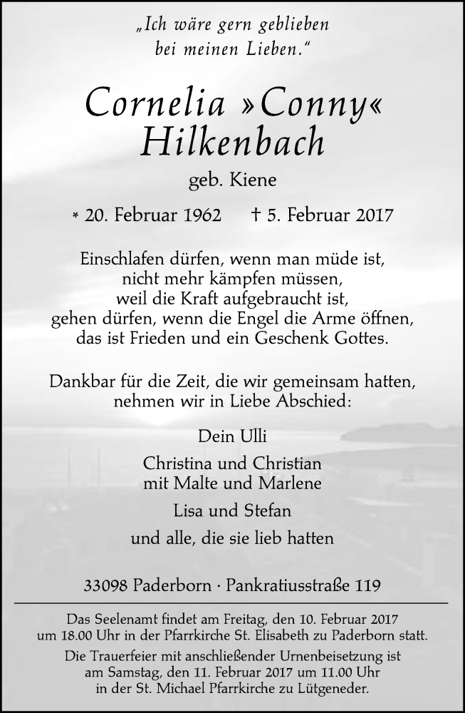  Traueranzeige für Cornelia Hilkenbach vom 09.02.2017 aus Neue Westfälische