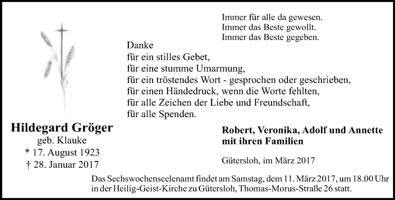  Traueranzeige für Hildegard Gröger vom 07.03.2017 aus Neue Westfälische