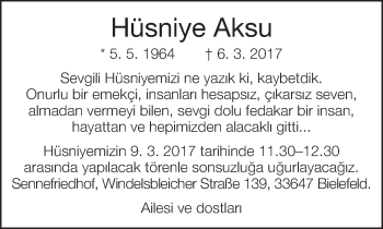 Traueranzeige von Hüsniye Aksu von Neue Westfälische