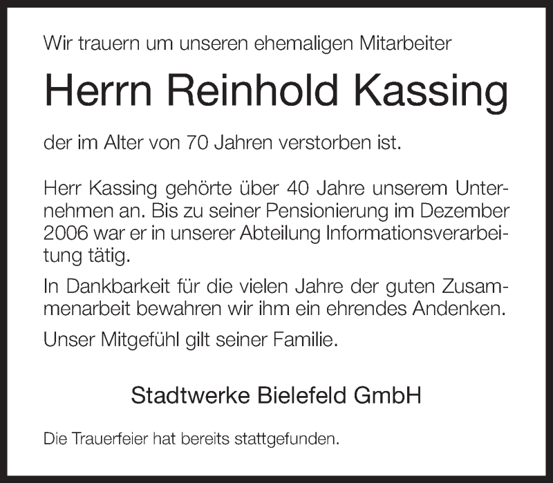  Traueranzeige für Reinhold Kassing vom 01.03.2017 aus Neue Westfälische