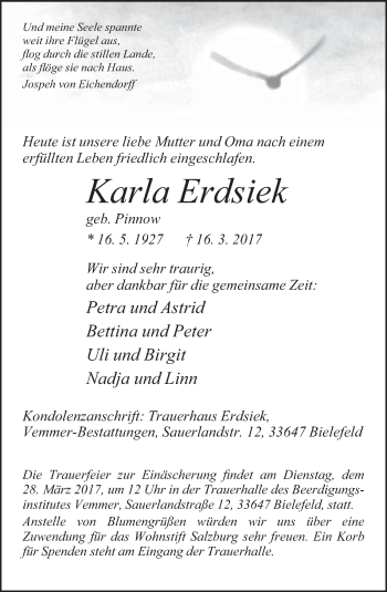 Traueranzeige von Karla Erdsiek von Neue Westfälische