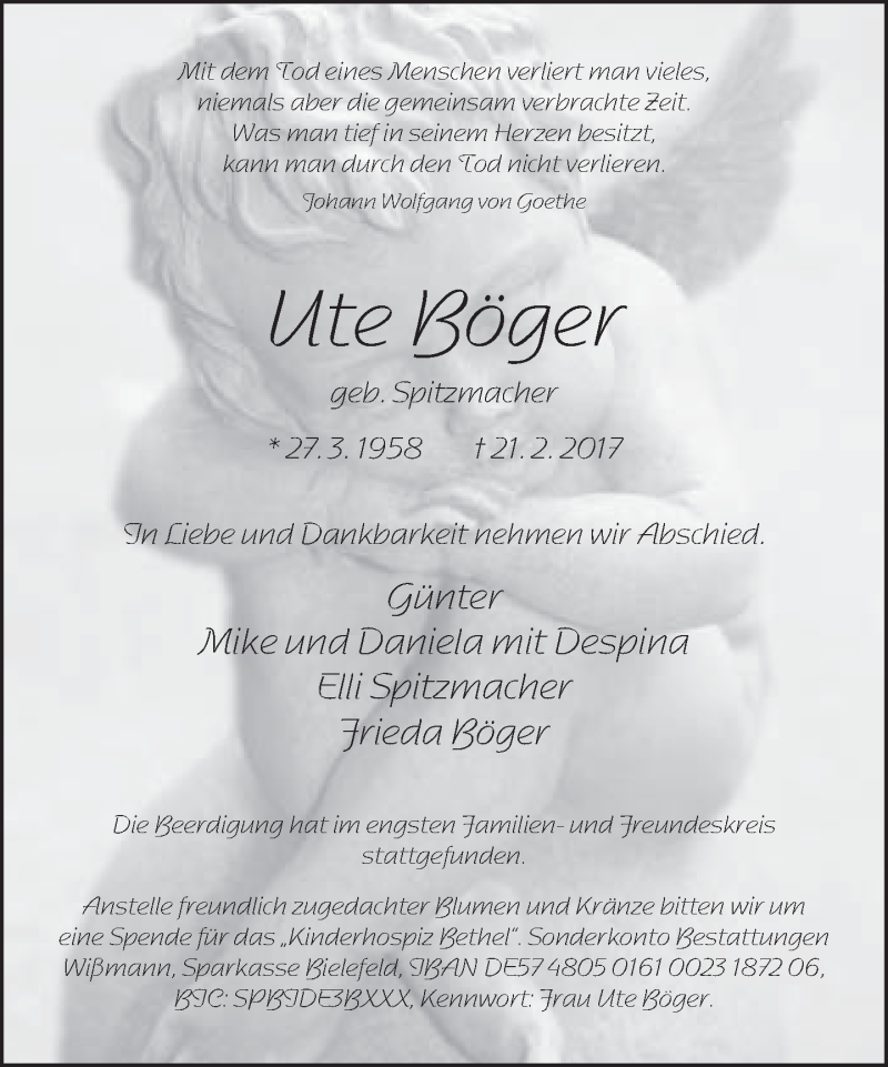  Traueranzeige für Ute Böger vom 04.03.2017 aus Neue Westfälische